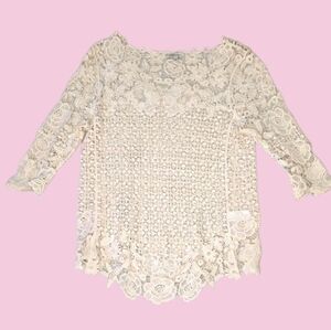Cozy Casual Cream Lace Ruffled Blouse 3/4 Sleeve